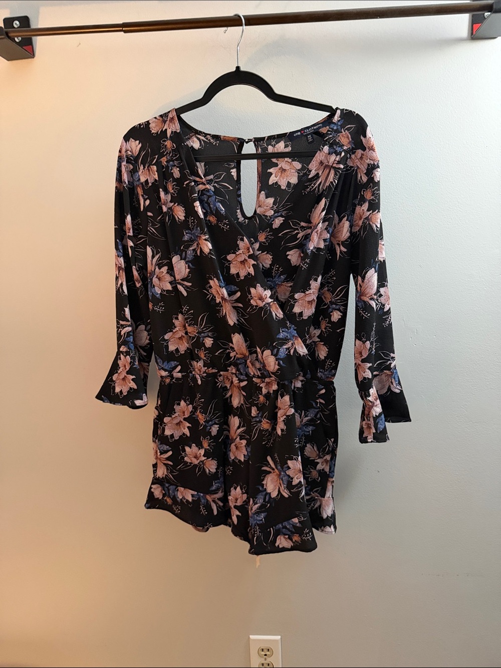 one clothing Black Romper with Blush Floral Print and Blue Accents